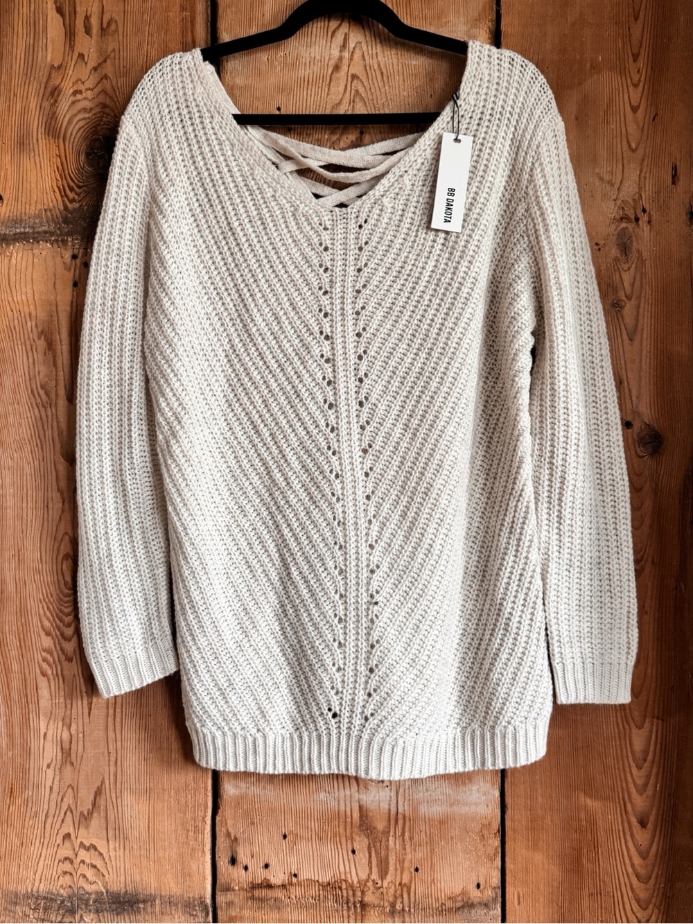 Sz M BB Dakota Ivory Chunky Knit Lace-Up Back Pullover Sweater NWT